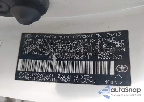 2013 Toyota Prius Three z USA, uszkodzony, nr VIN JTDKN3DU8D5648011